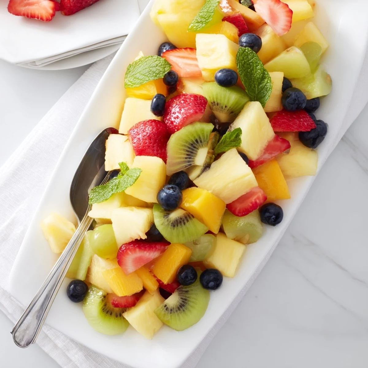 Beautiful tropical pineapple fruit boat, bursting with juicy tropical fruits, drizzled with lime and honey.