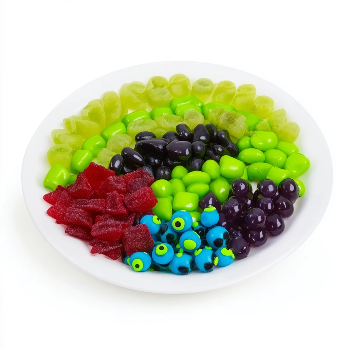 Vibrant Poison Apple Candy Platter: A colorful Halloween dessert featuring various apple and grape candies.