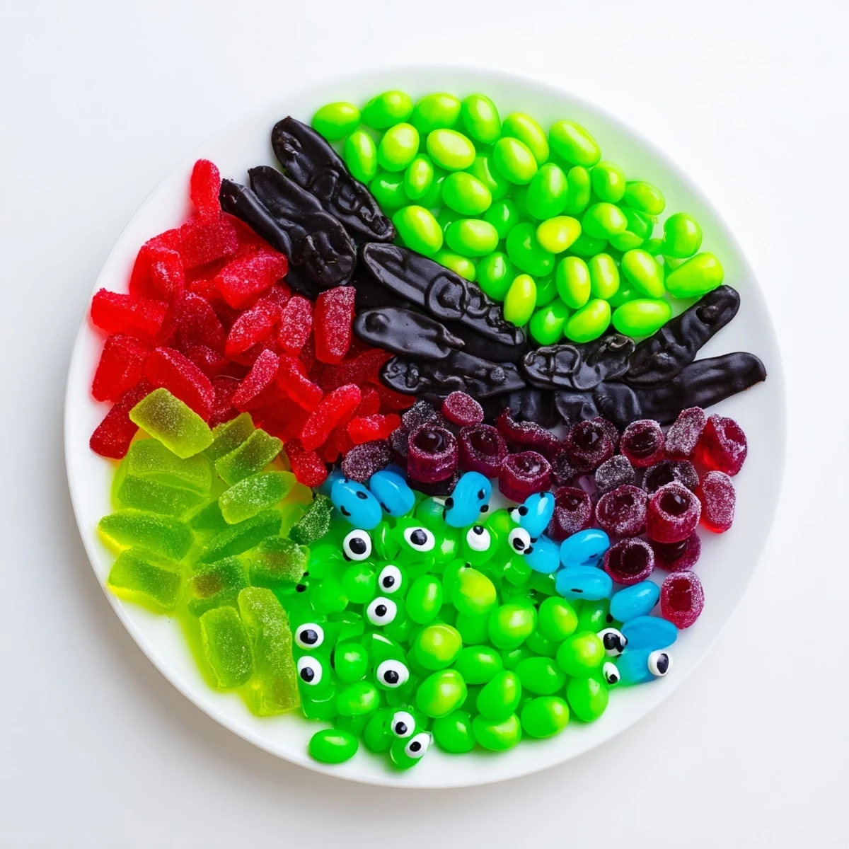 Delectable Poison Apple Candy Platter, complete with glistening apple candies and eerie eyeball accents, ideal for party snacking.