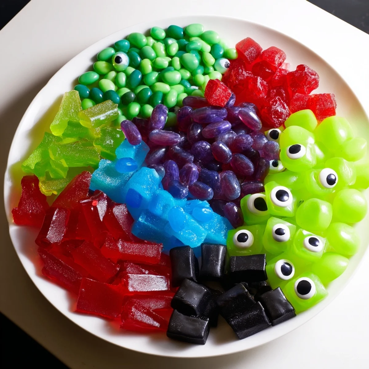 This Poison Apple Candy Platter showcases a spooky arrangement of assorted green and purple candies, perfect for Halloween treats.