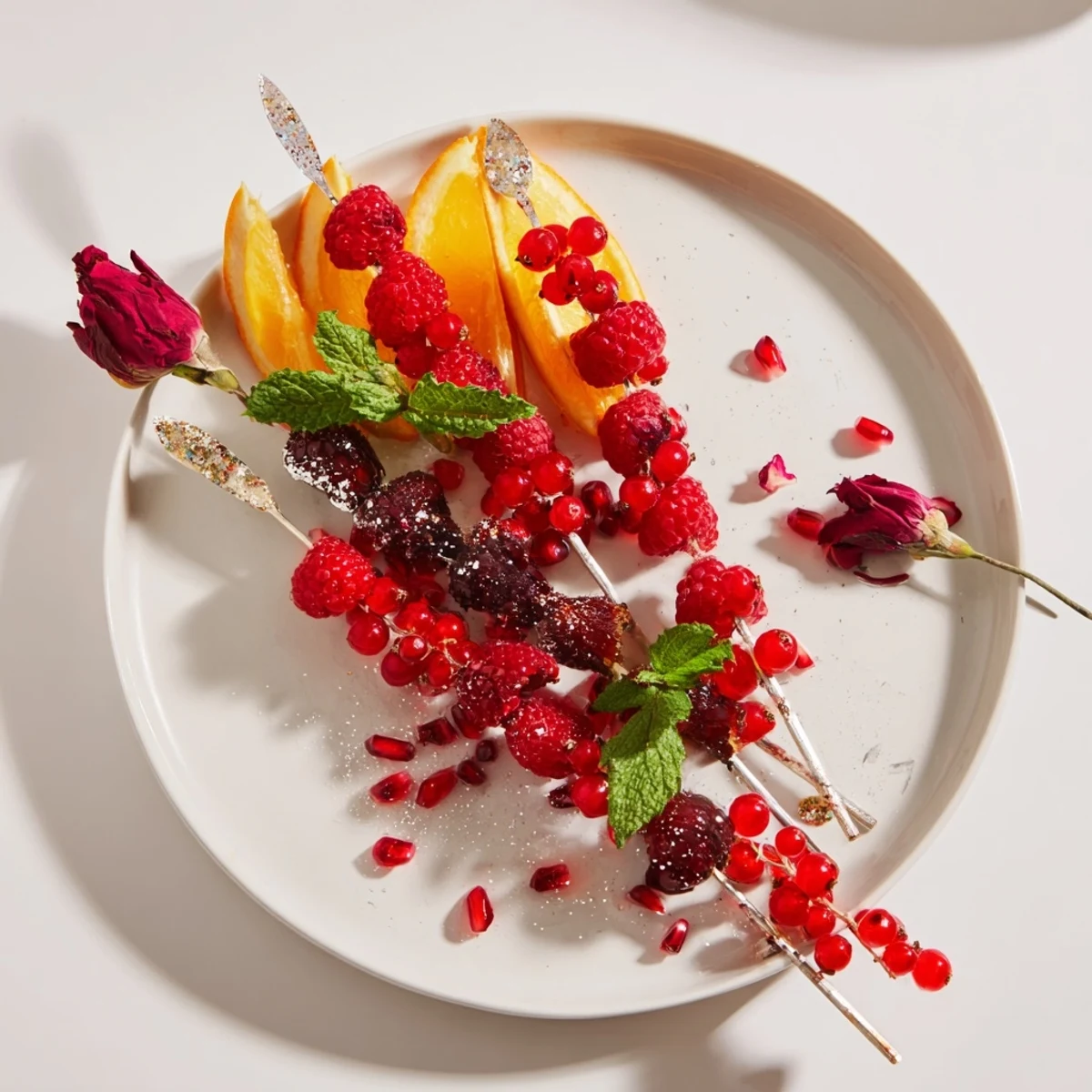 A close-up of beautiful Baisers de Minuit cocktail garnishes with sugared rims and dark chocolate.
