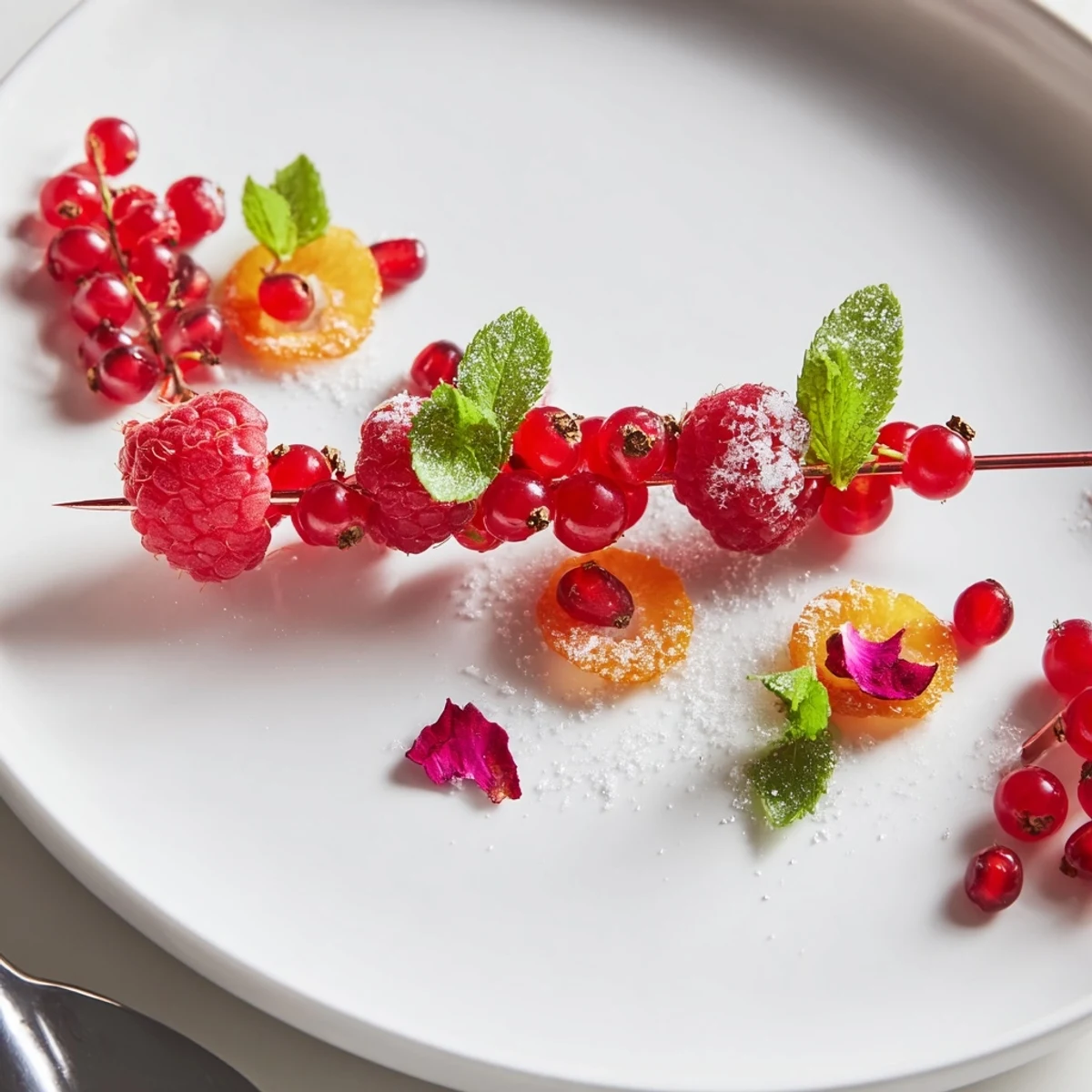 Fresh raspberries and pomegranate seeds crown the Baisers de Minuit: perfect cocktail artistry.