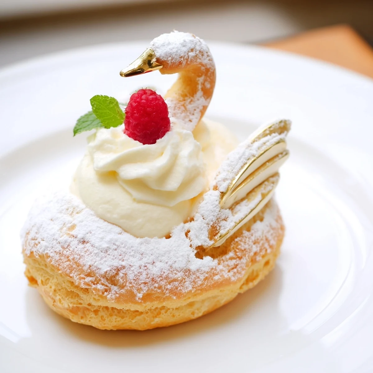 Golden-brown Plateau Cygne Pâtisseries Aériennes arranged elegantly with fresh berries and Chantilly cream.