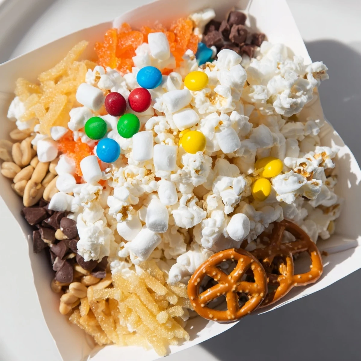 Movie Night Popcorn Box Treat Display overflowing with colorful candies and savory snacks perfect for sharing.