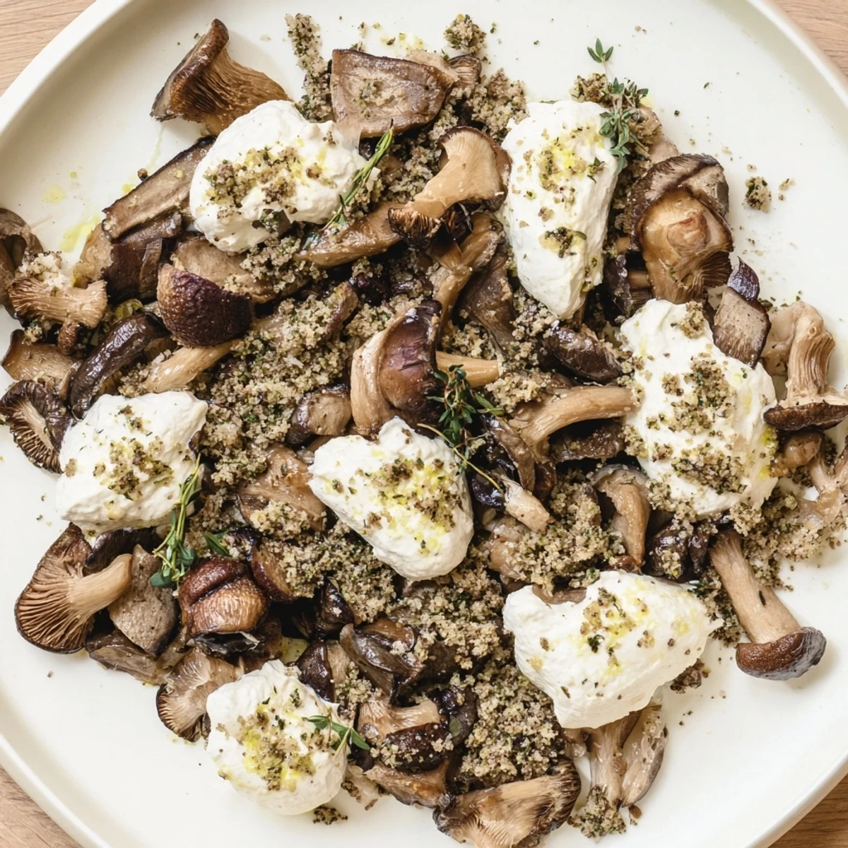Sautéed mushrooms and moss breadcrumbs create a visually vibrant Cottagecore platter.