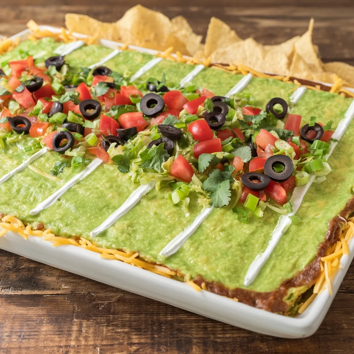 A vibrant Football Field Dip platter with layers of creamy dip and festive toppings, ready to enjoy.