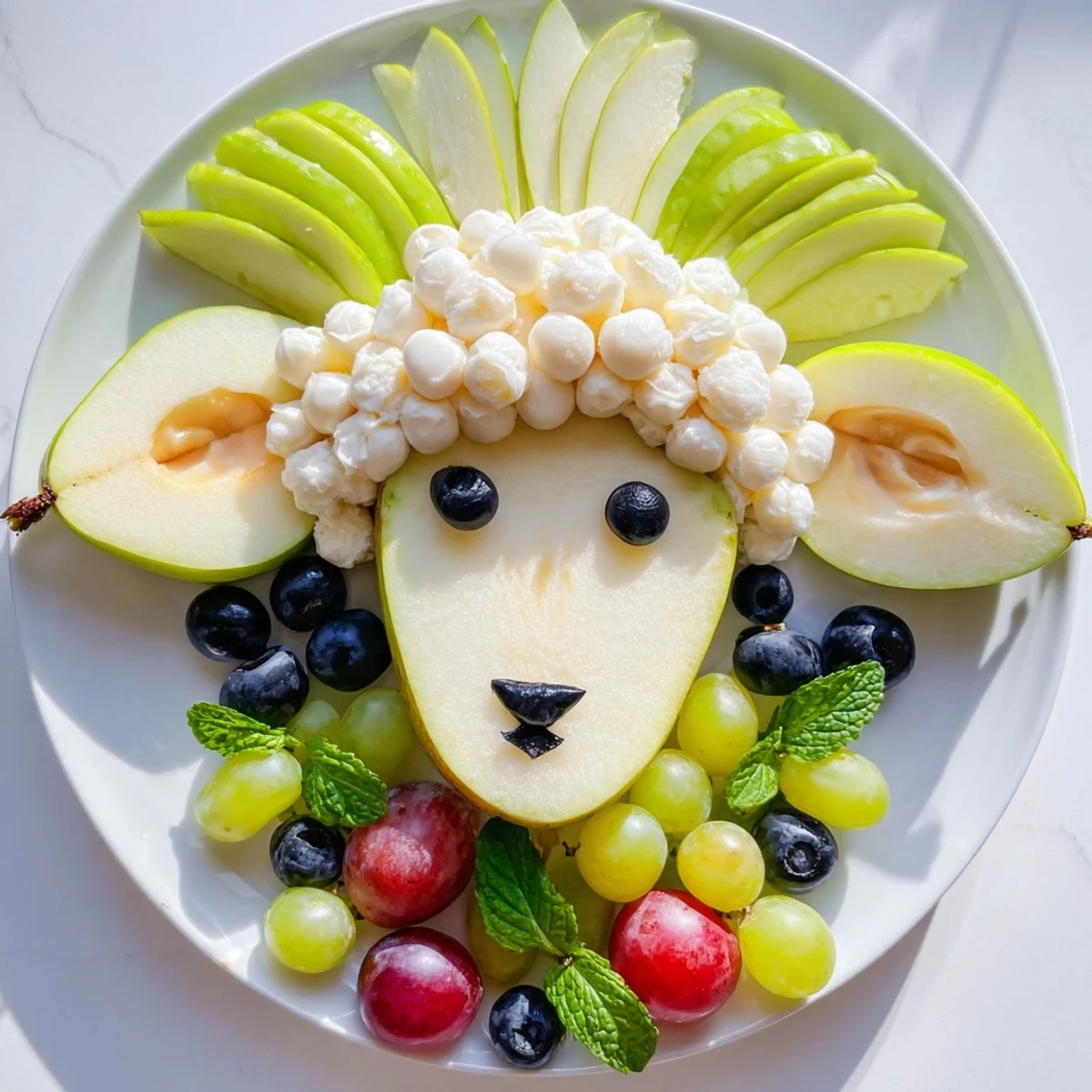 Lamb Face Fruit and Cheese Platter: A vibrant, whimsical arrangement of fruits, cheeses, and olives, beautifully served.