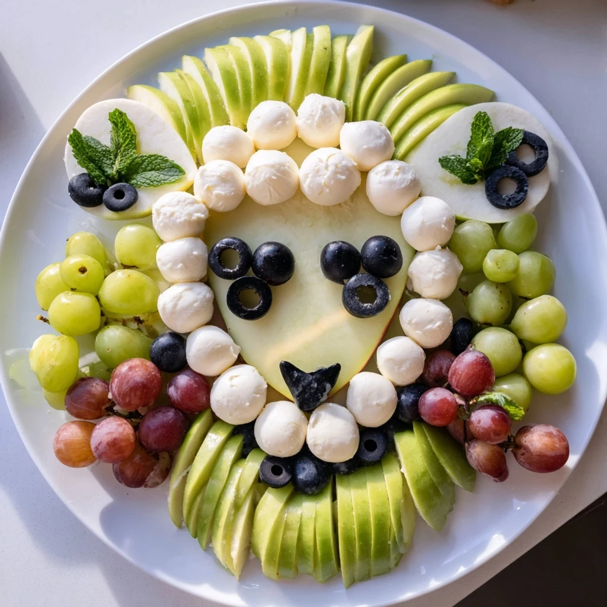 Imagine a festive Lamb Face Fruit and Cheese Platter, loaded with colorful fruits, ready for a delightful appetizer.