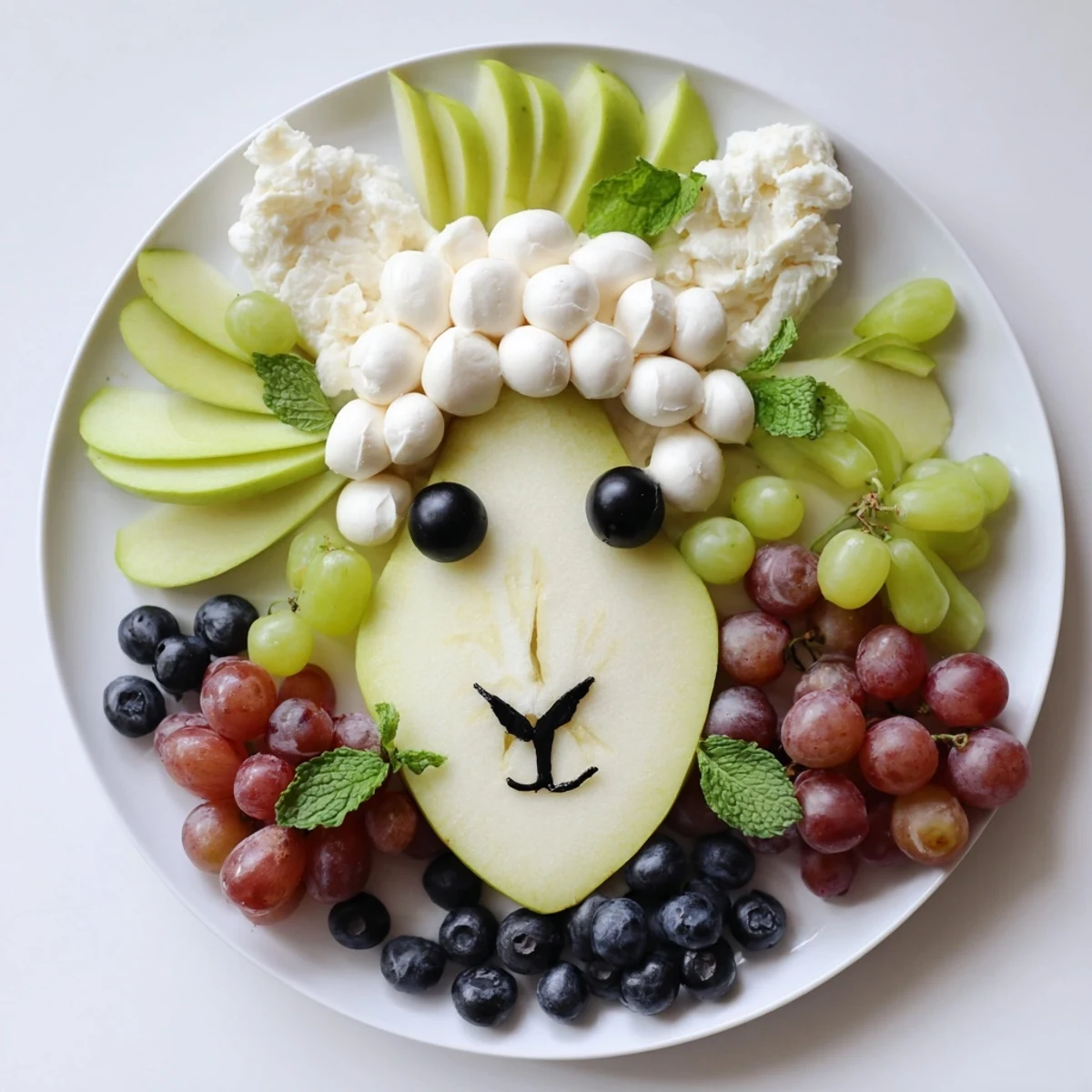 This Lamb Face Fruit and Cheese Platter features a pear "face," mozzarella wool, and grapes, perfect for a gathering.