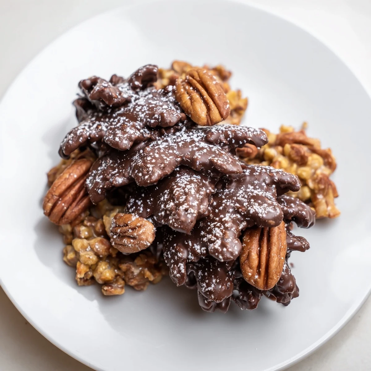 Picture the perfect bite: delicious pinecone chocolate nut clusters, dusted with powdered sugar, ready to savor.