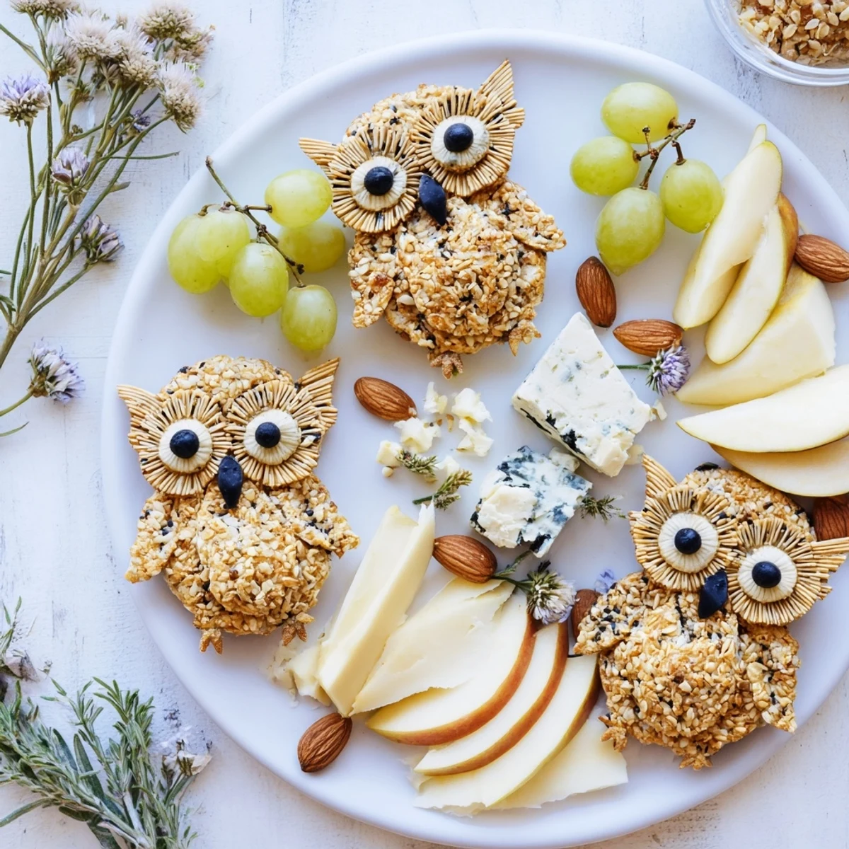 A beautifully arranged Owl Cracker and Cheese Board, piled high with colorful fruits and assorted cheeses.