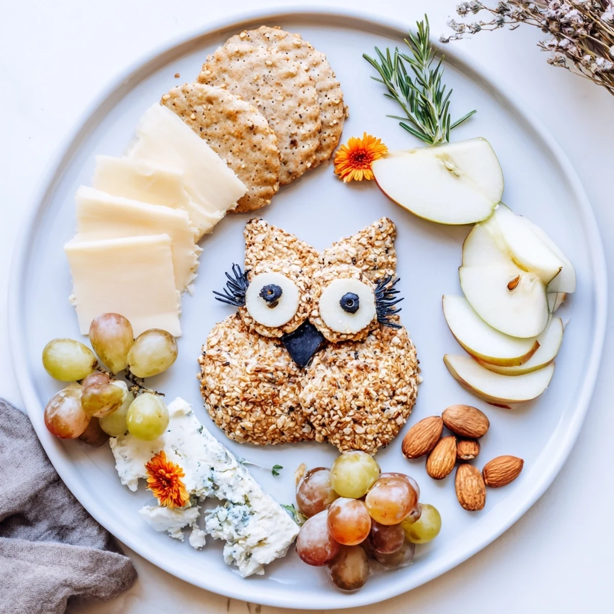 This festive spread features an Owl Cracker and Cheese Board with charming owl-shaped crackers and tasty pairings.