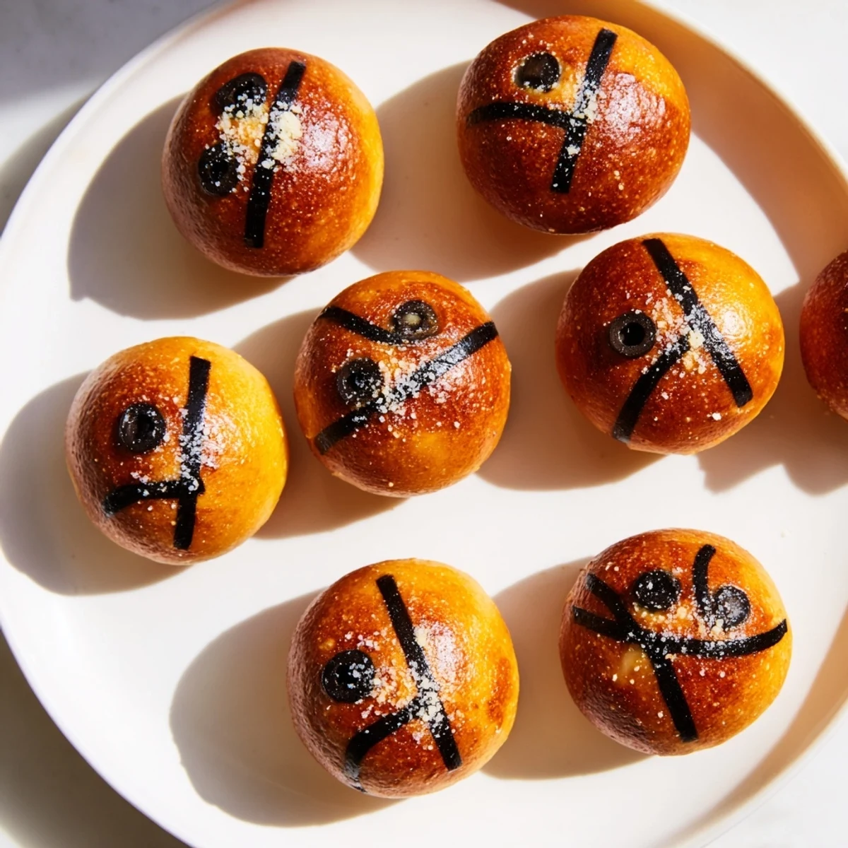 Mini Basketball Pizza Bites with melted mozzarella, pepperoni, and black olive lines; delicious snack!