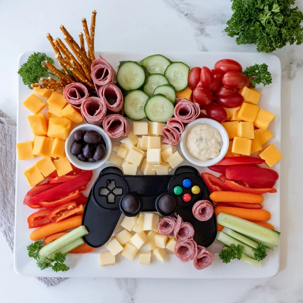 Game Night Controller Snack Platter, a vibrant appetizer array with cheeses, meats, and colorful vegetables.