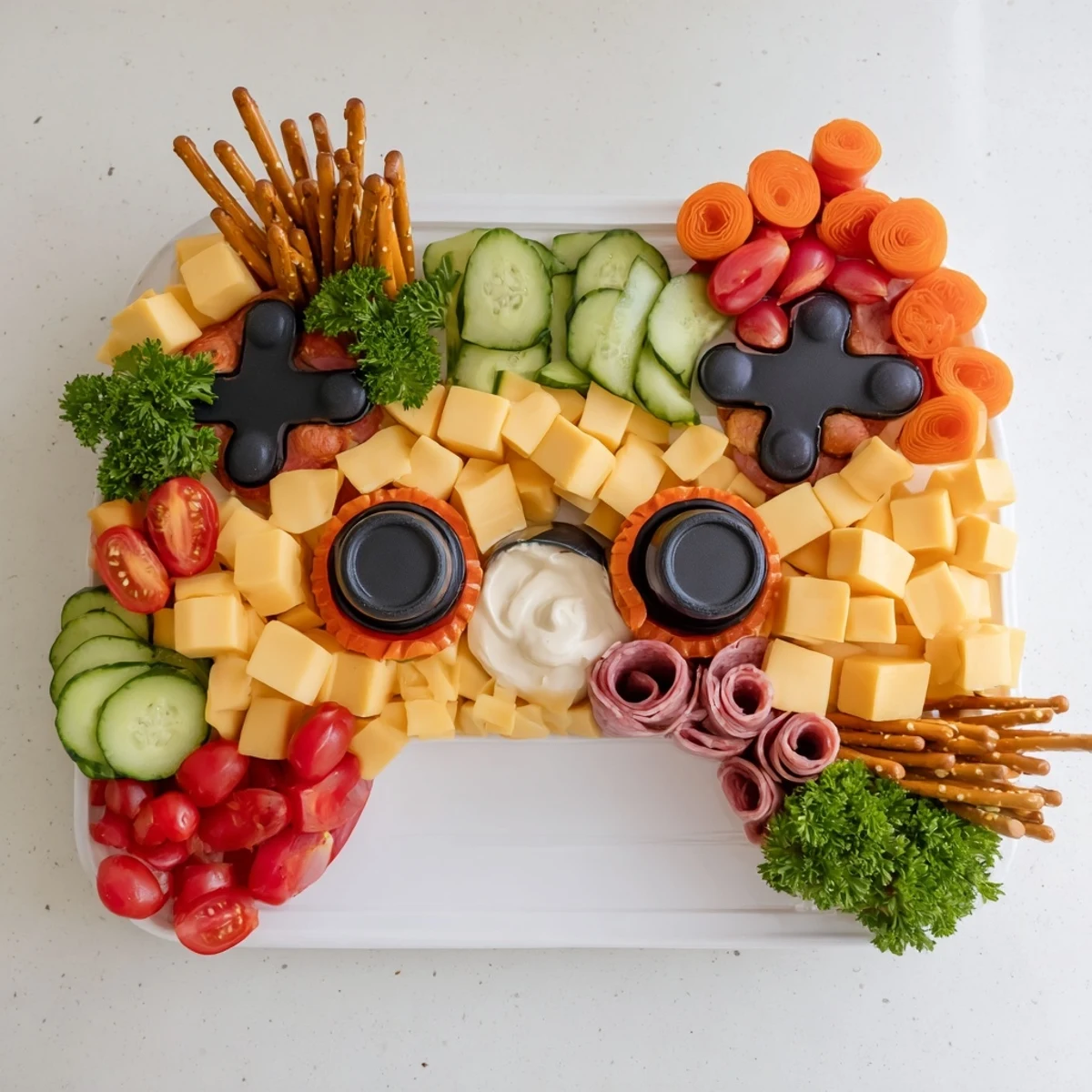Savory Game Night Controller Snack Platter arranged like a controller, featuring cheese, crackers, and dips for all.