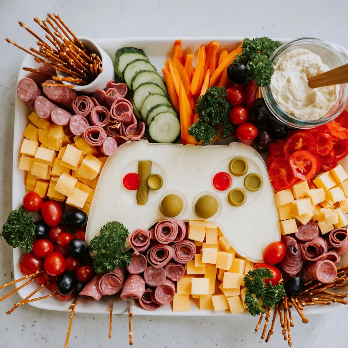 Enjoy the visually stunning Game Night Controller Snack Platter with fresh vegetables, and delicious dipping sauces.