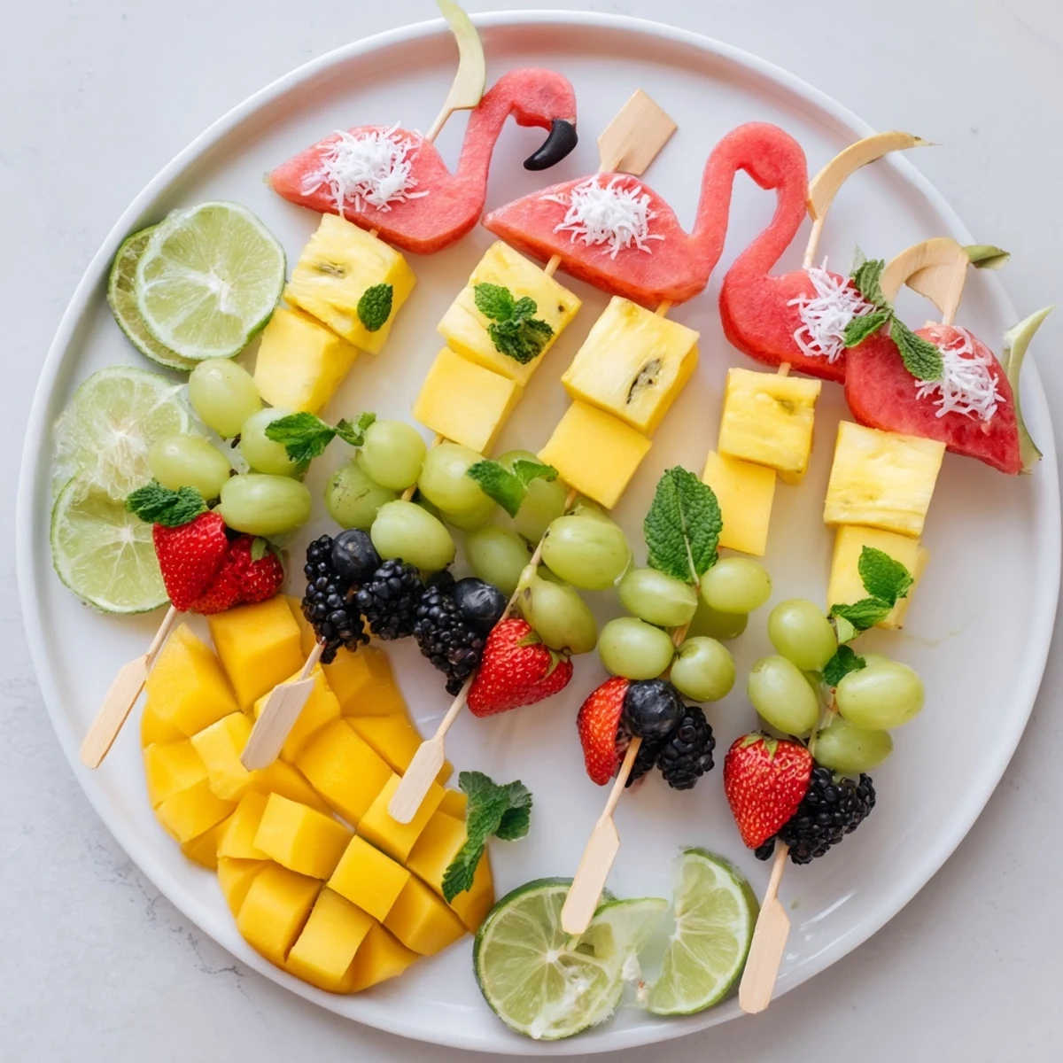 Vibrant Flamingo Fruit Skewer Platter, showcasing colorful tropical fruit pieces ready for summer snacking.