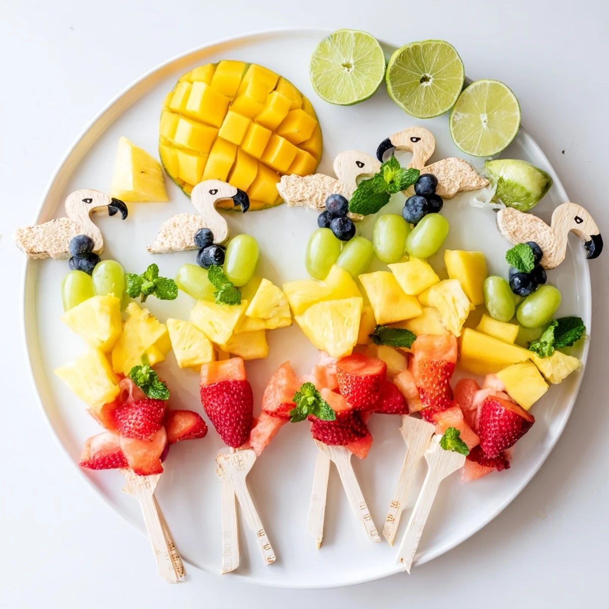 Fresh, juicy Flamingo Fruit Skewer Platter, brightly arranged for a vegan appetizer or dessert option.