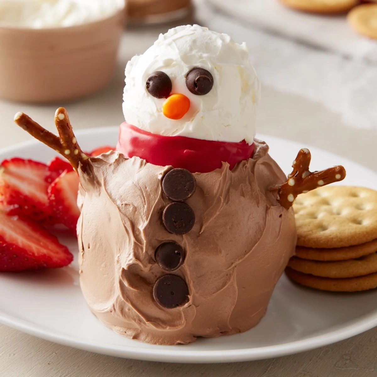 Delicious hot cocoa dip snowman, a festive dessert with marshmallow body and pretzel arms, ready to serve.