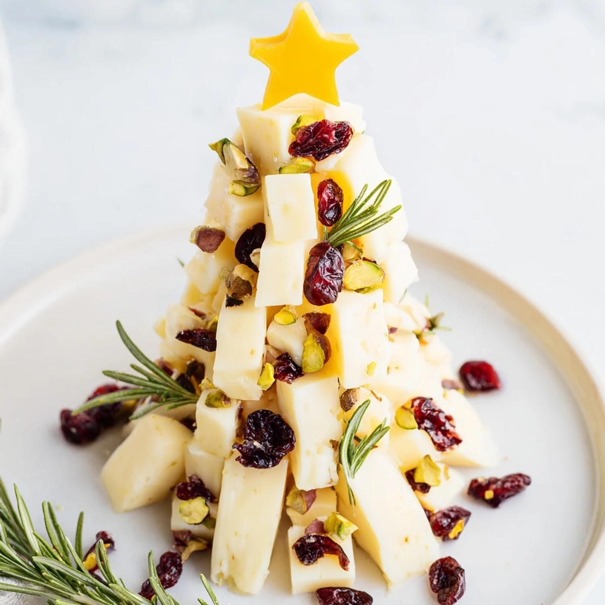 Cranberry White Cheddar Tree appetizer: cubes of white cheddar, ruby cranberries, pistachios, and rosemary.