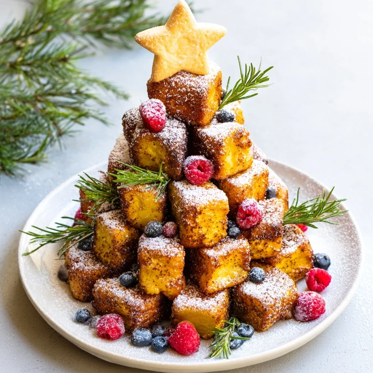 Golden-brown Eggnog French Toast Bites forming a festive, delicious tree, ideal for Christmas brunch.