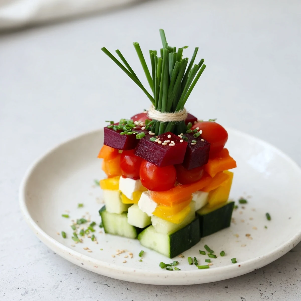 Vibrant stacked gift box veggie cubes showcasing colorful bell peppers, cucumber, and feta cheese, ready to enjoy.
