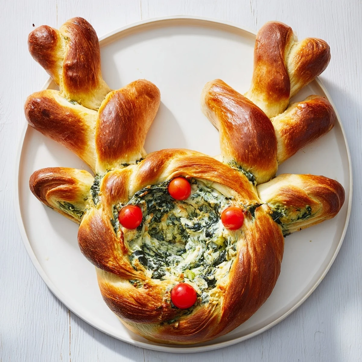 Warm Reindeer Antler Spinach Dip Ring, golden brown and pull-apart perfect for holiday feasts.