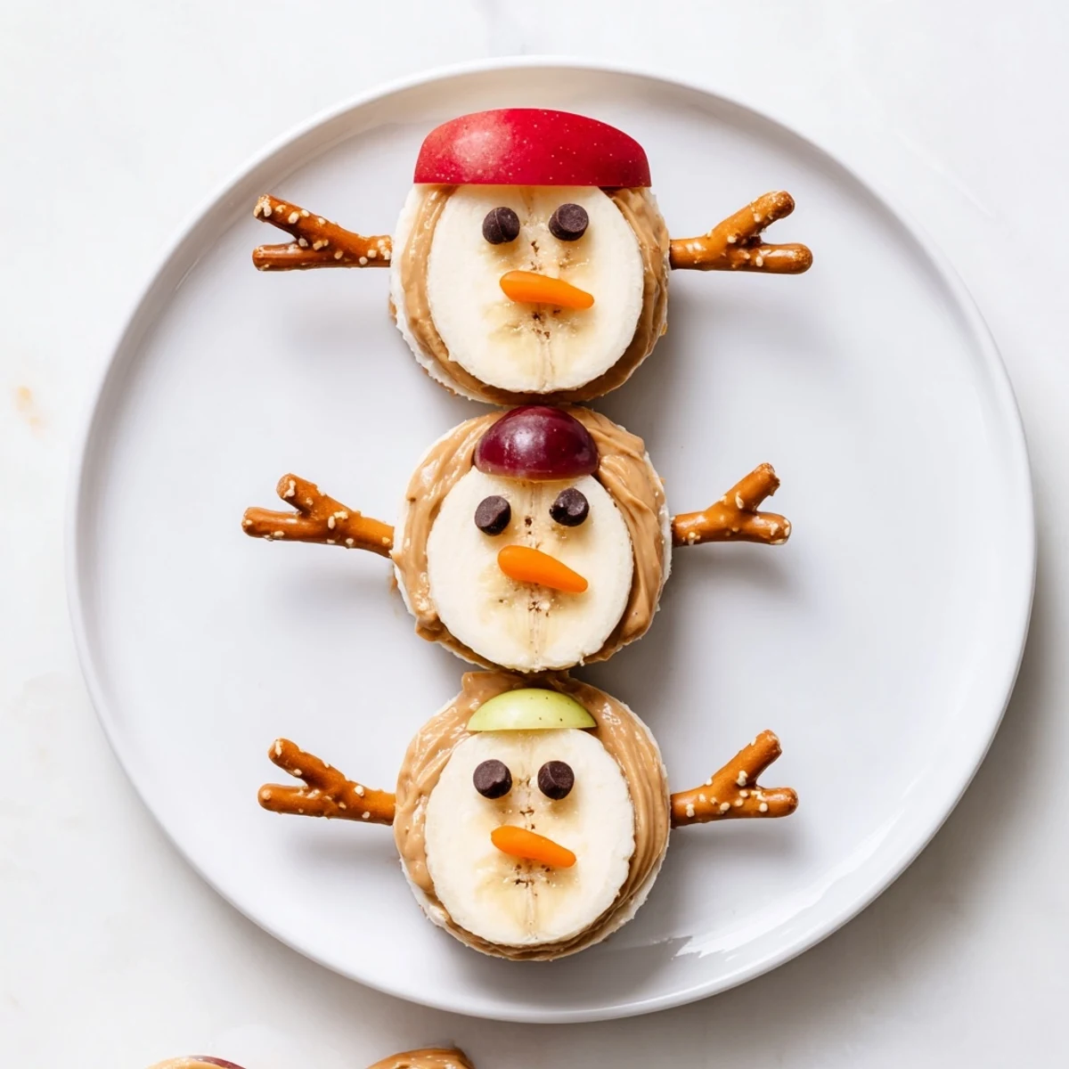 Adorable Banana Peanut Butter Snowmen with chocolate chip eyes and pretzel arms, perfect holiday treats.