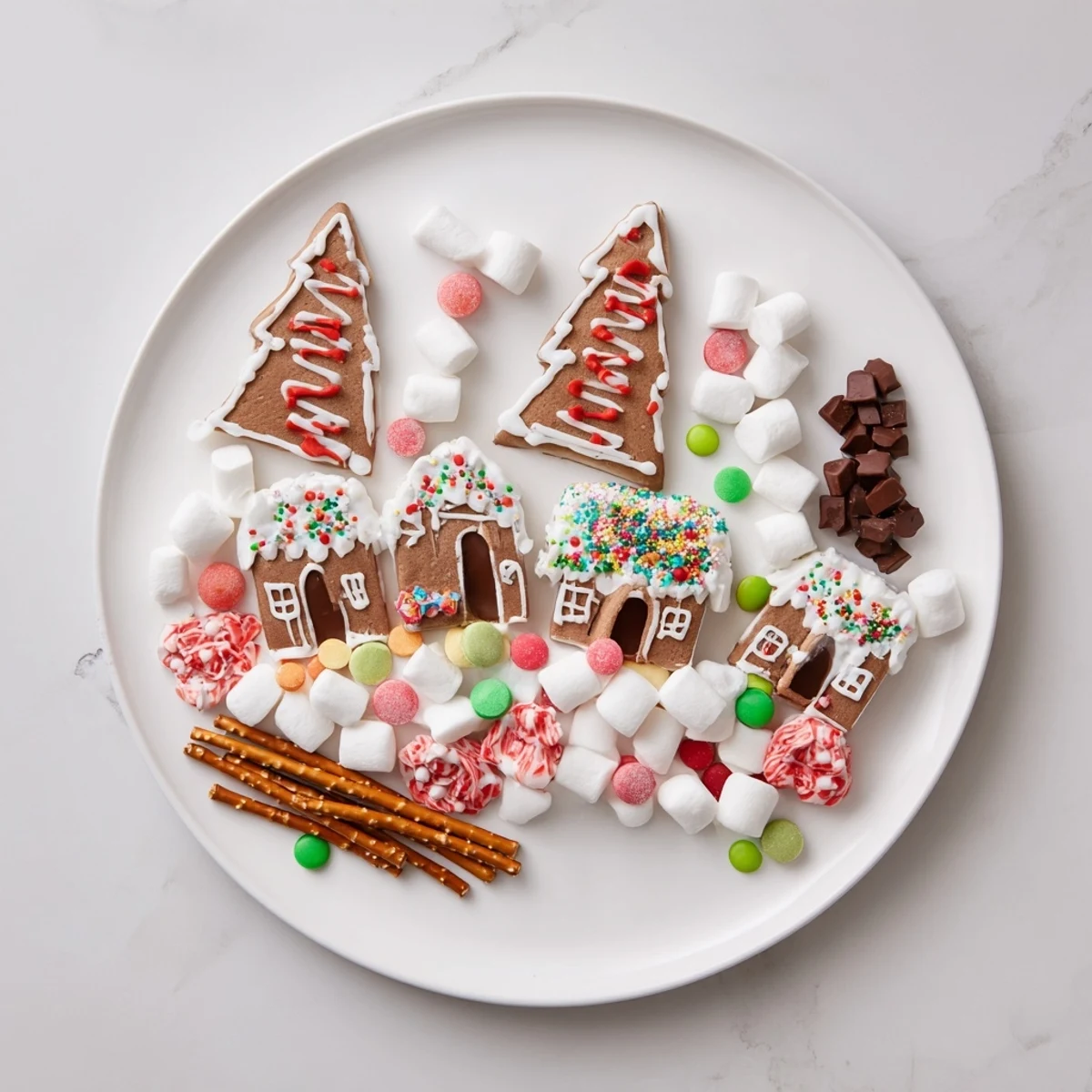 Festive gingerbread village dessert spread featuring decorated gingerbread cookies and colorful candies.