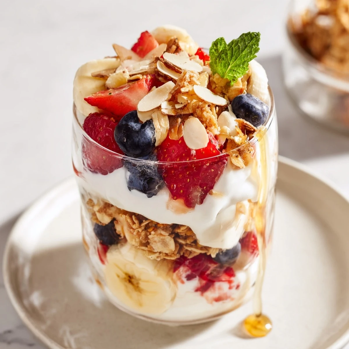 Creamy layers of yogurt and granola parfait glasses topped with fresh berries, a delightful breakfast.
