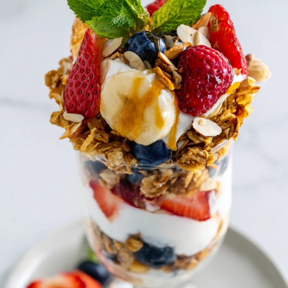 Vibrant photo: Yogurt and granola parfait glasses showcase a refreshing mix of textures and flavors.