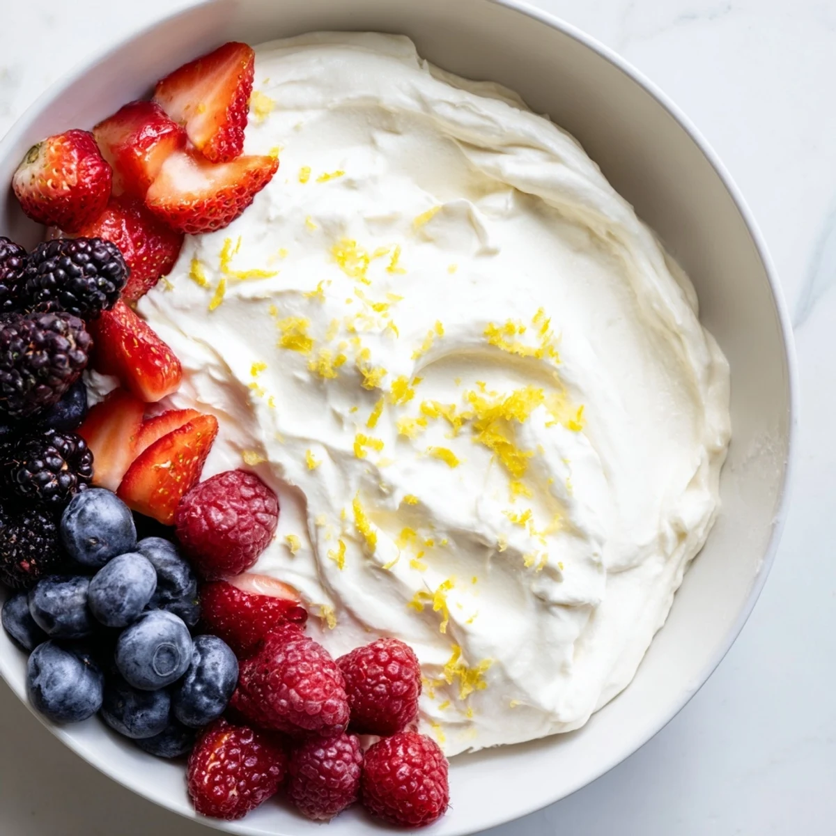 Fluffy Cream Cheese Fruit Dip with a vibrant array of fresh, juicy berries, ready to serve and enjoy.
