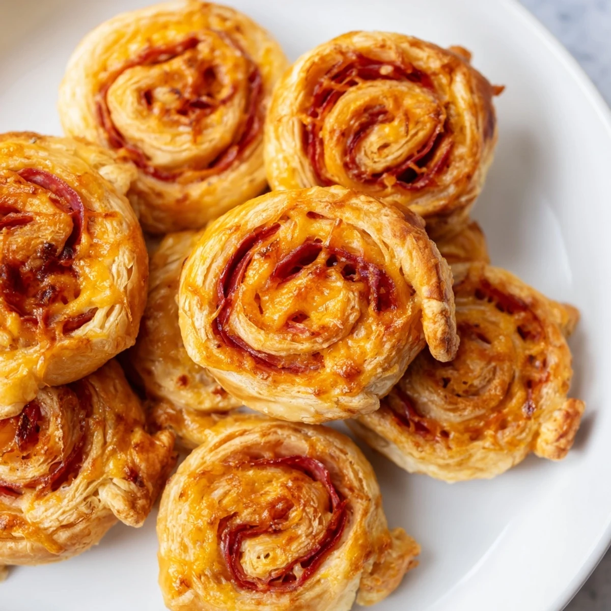 Flaky, baked Sliced Cheddar and Salami Scrolls, golden brown with melted cheddar cheese visible.