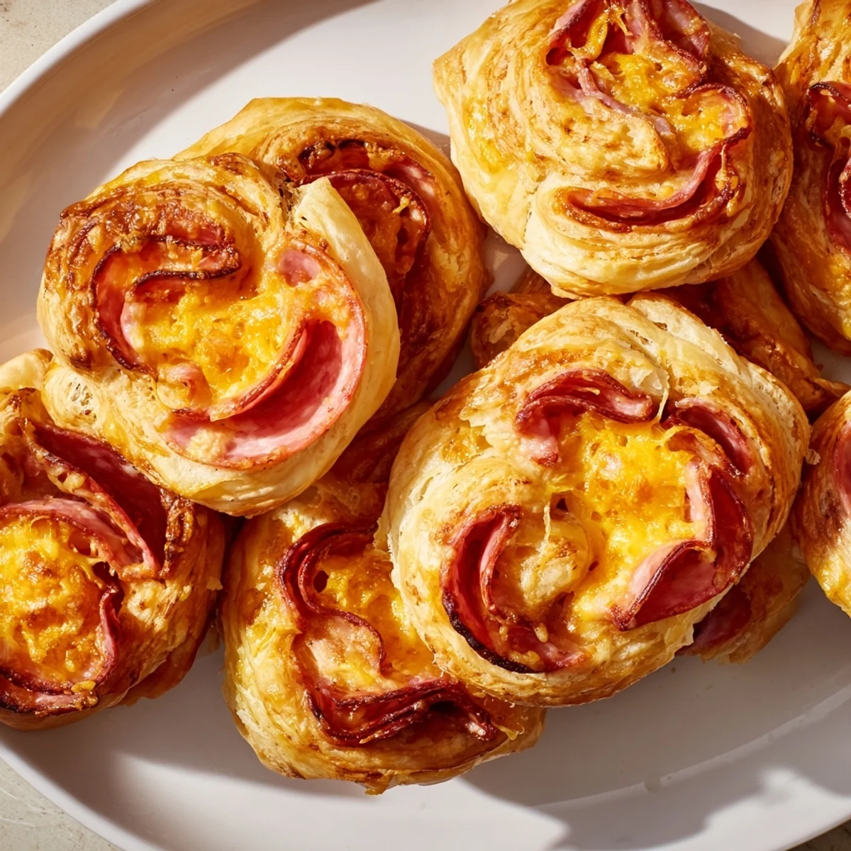 Warm, freshly baked Sliced Cheddar and Salami Scrolls ready to be served, perfect party appetizer.