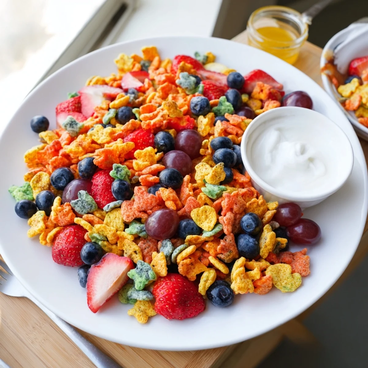 Vibrant rainbow Goldfish crackers mixed with fresh fruit and yogurt for a playful, healthy snack.