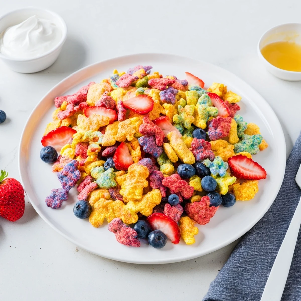 Sweet and crunchy, rainbow Goldfish crackers are artfully arranged with fruit and creamy yogurt.