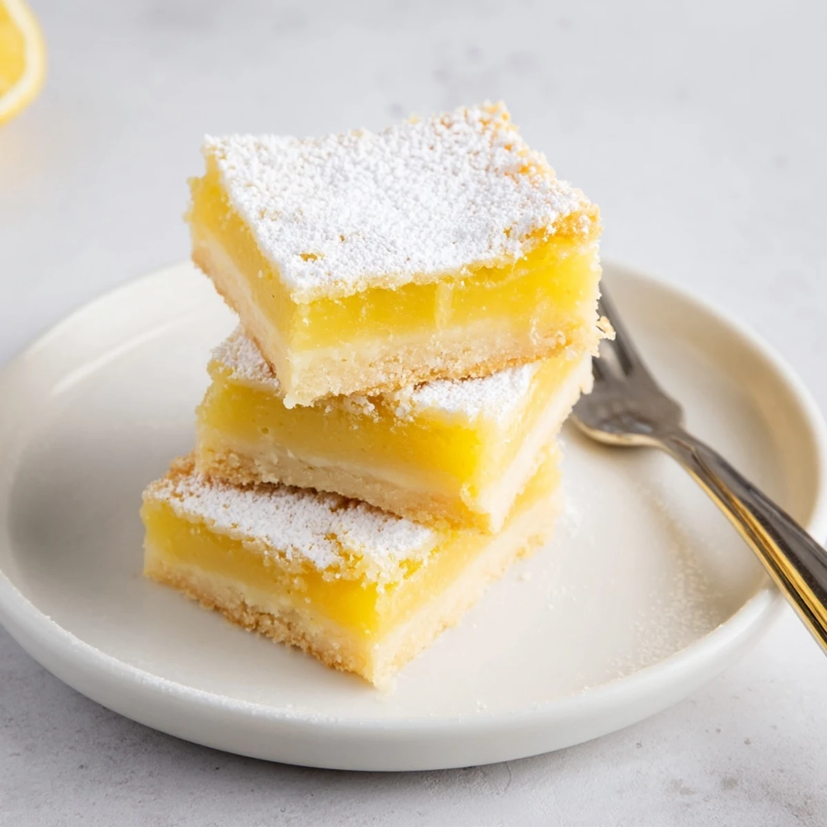 Golden, triangular-shaped lemon bars, dusted with powdered sugar, offering a zesty bite.