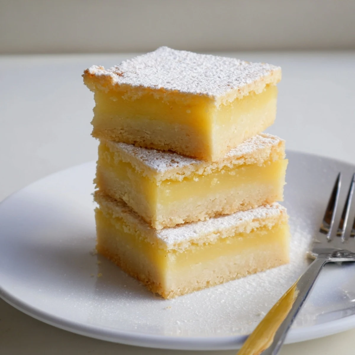 A close-up of buttery lemon bars cut into neat triangles, perfect for a spring dessert.