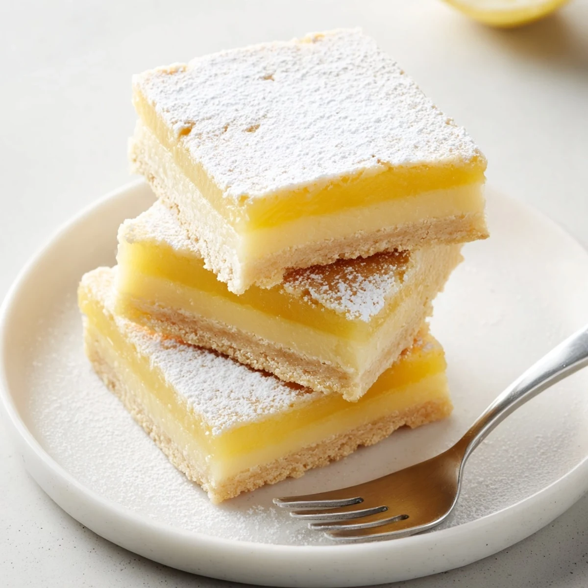 Tangy, vibrant lemon bars in triangle servings, showcasing a sweet shortbread crust detail.