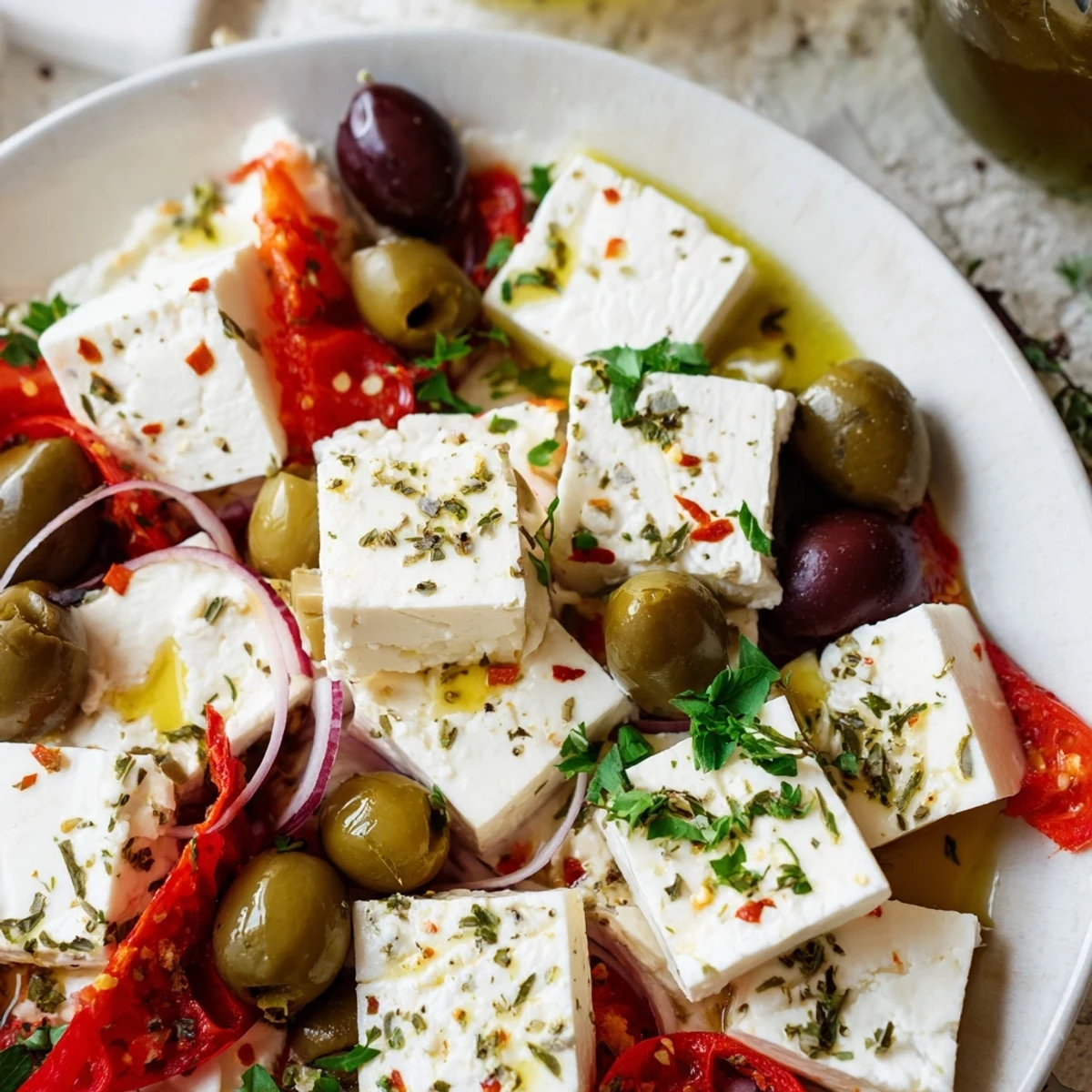 Close-up of a colorful Holiday Mix featuring mixed olives and feta cheese, garnished with fresh herbs.