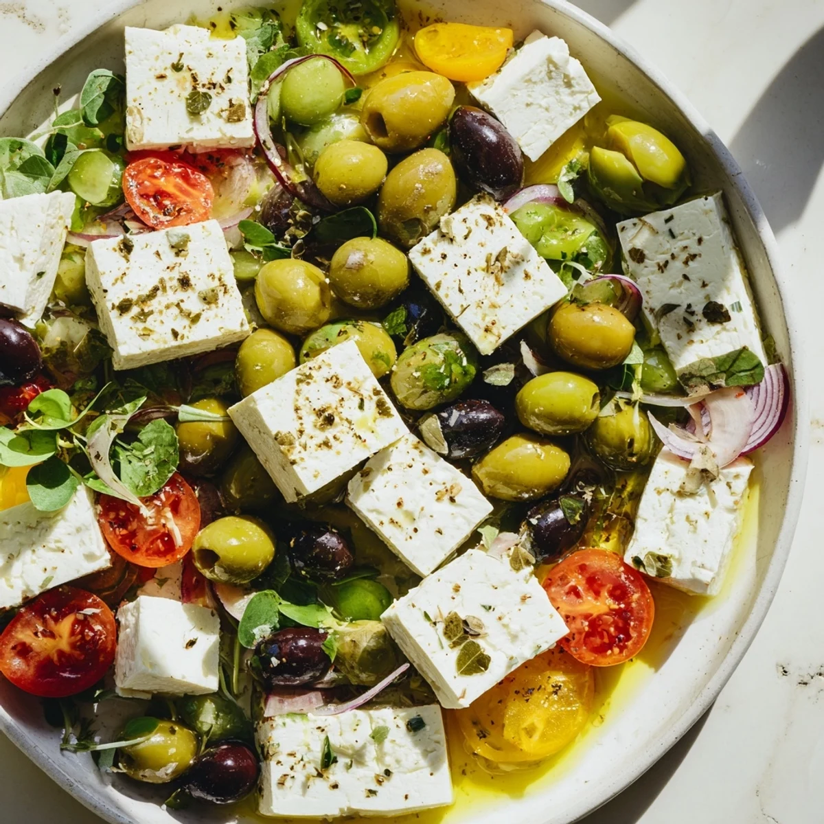 Mixed olives with feta cubes in a Holiday Mix: a delicious Mediterranean appetizer drizzled with olive oil.