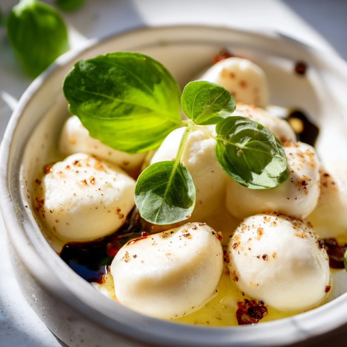 Fresh mozzarella pearls glistening, ready for a quick snack or simple "Simple Cheese" appetizer.