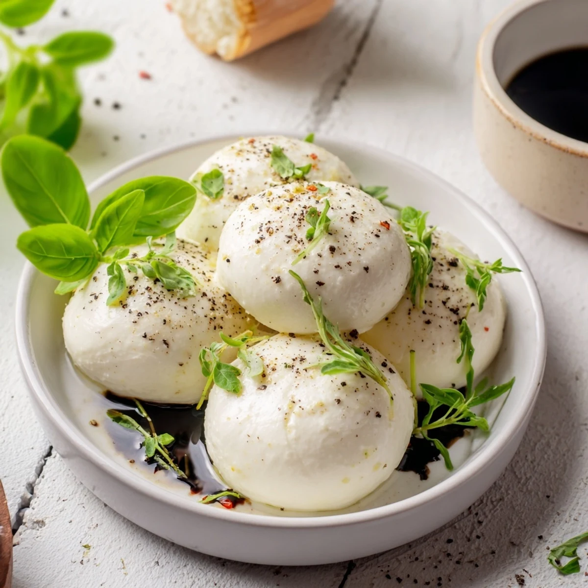A small bowl of "Simple Cheese" appetizer: flavorful mozzarella pearls drizzled with olive oil and spices.