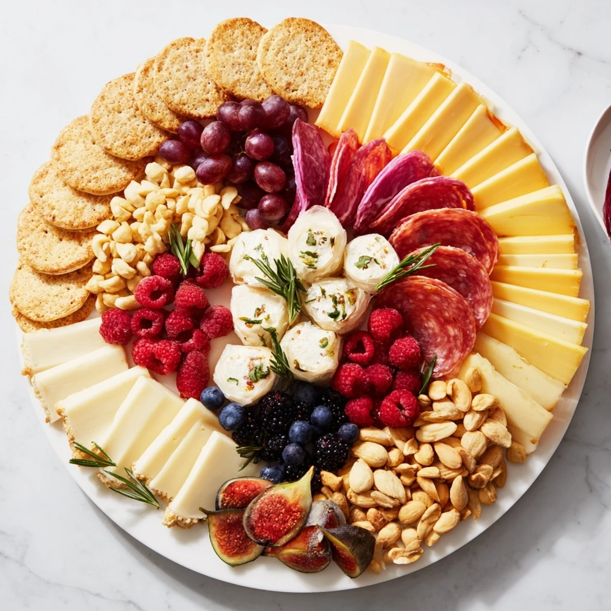 A beautifully arranged Ouroboros Circle appetizer with cheeses, fruits, and crackers for a party.
