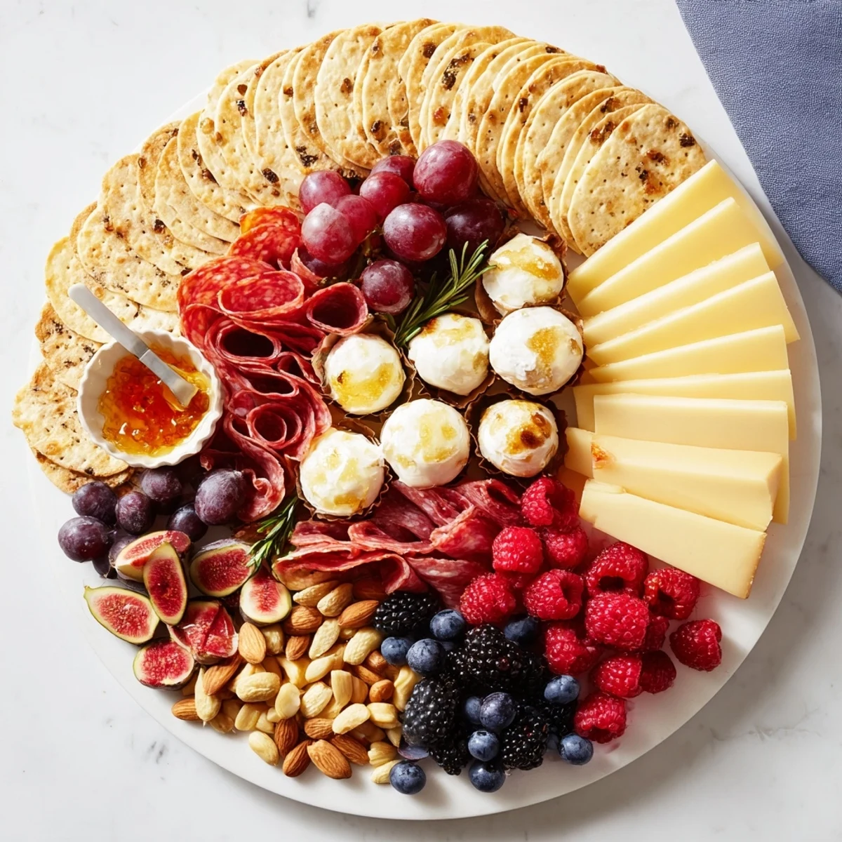 Enjoy a delicious Ouroboros Circle appetizer showcasing cheeses, fruits, and meats in a lovely ring.