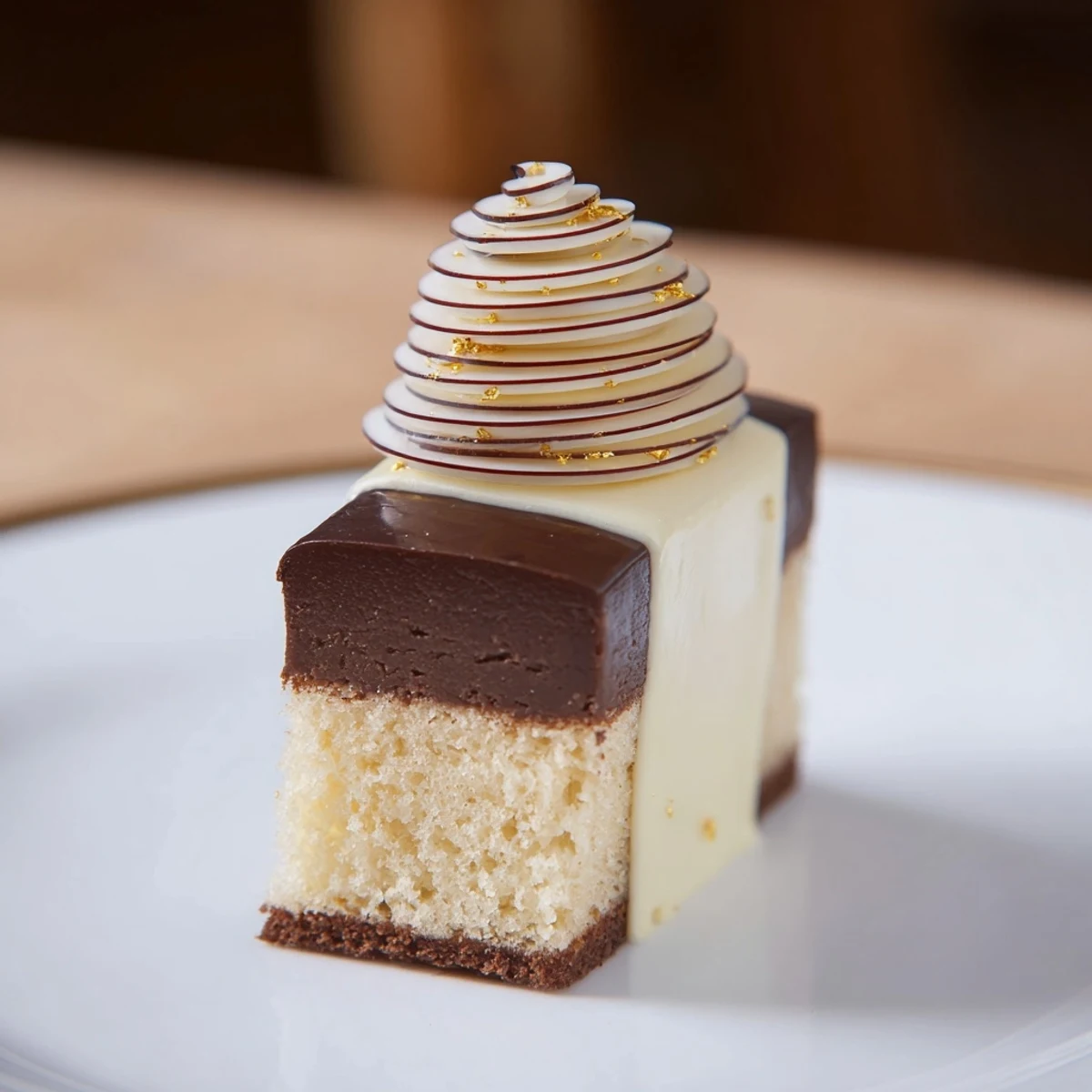 Delicate Golden Ratio Shell, a layered dessert with rich chocolate mousse and bright fruit jelly.