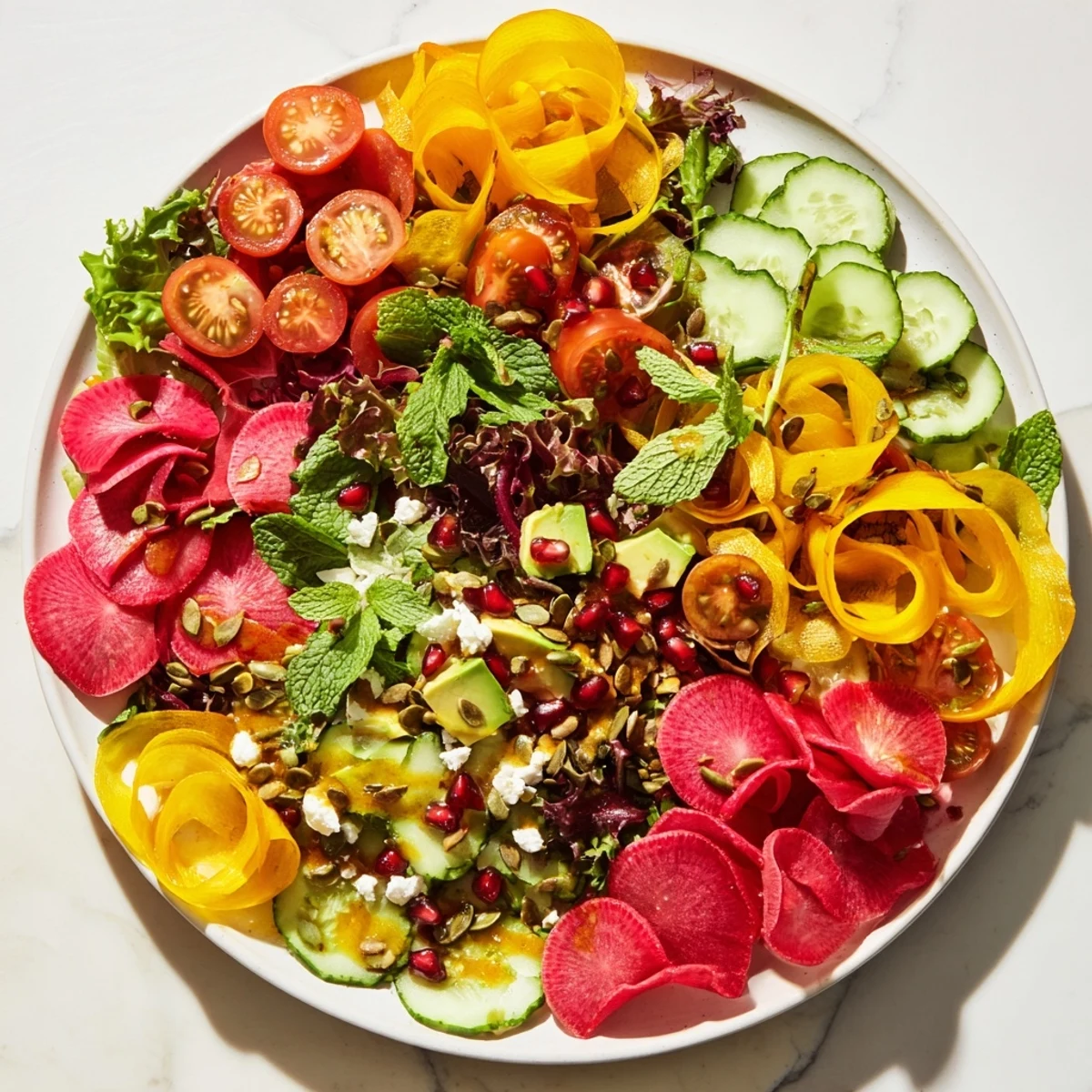 Vibrant Abstract Expressionist Splash salad: a beautiful mess of fresh produce drizzled with dressing.