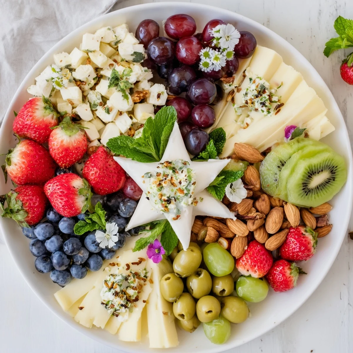 A beautifully arranged "Negative Space Puzzle" appetizer platter with cheeses, fruits, and olives.