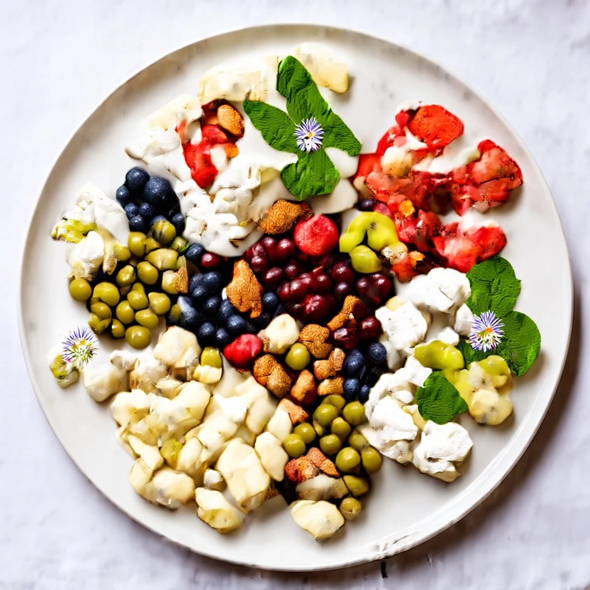 Delicious "Negative Space Puzzle" appetizer art, featuring cheese and cracker clusters around fresh fruit.