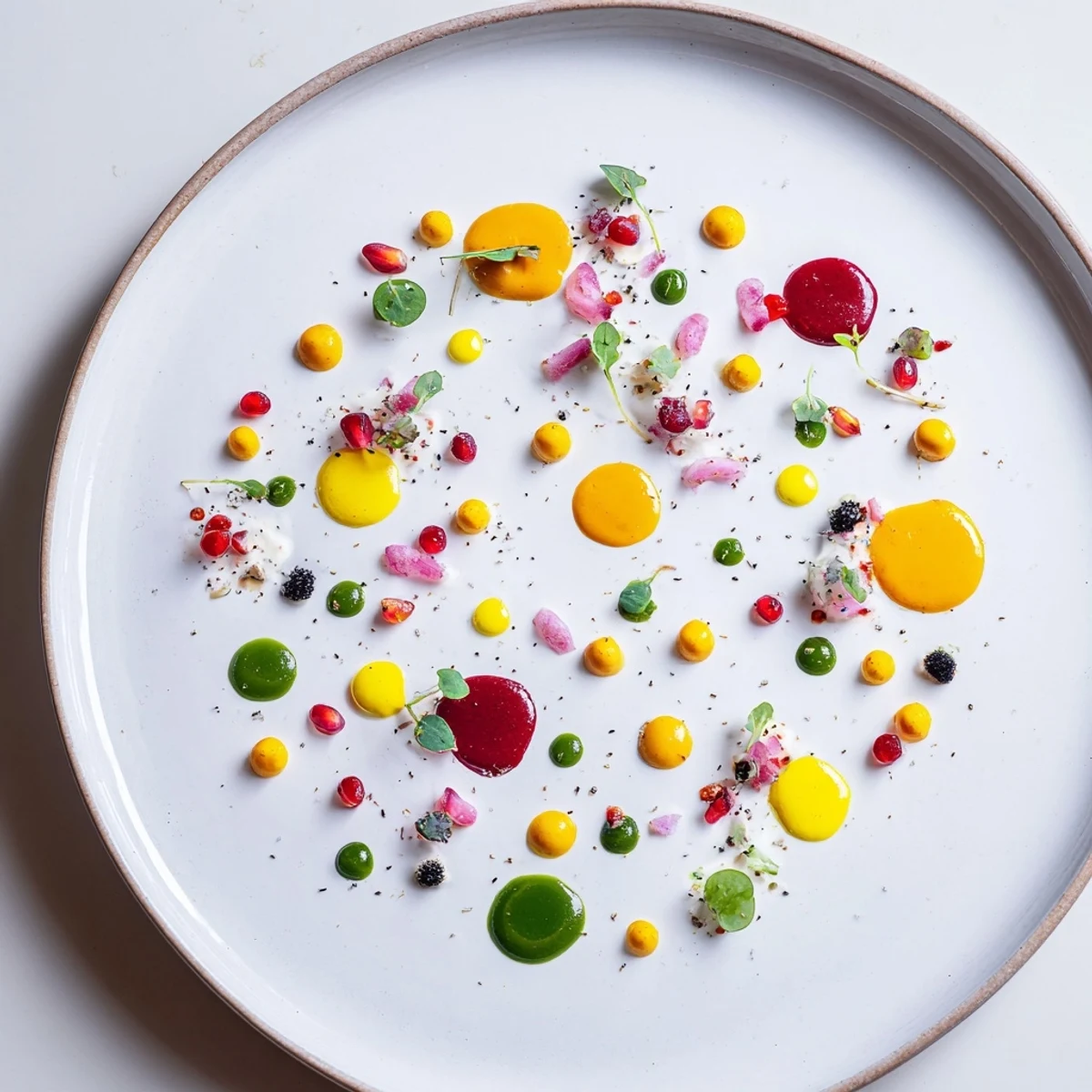 Vibrant Pointillism Dot Matrix appetizer: colorful purees and sauces dotted artfully across a plate.